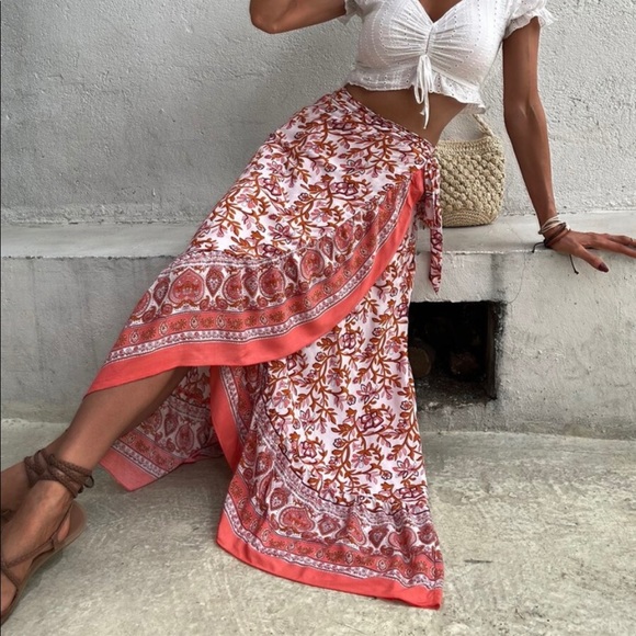 Boho Blue Floral Print Ruffle Wrap Maxi Skirt - Picture 7 of 11